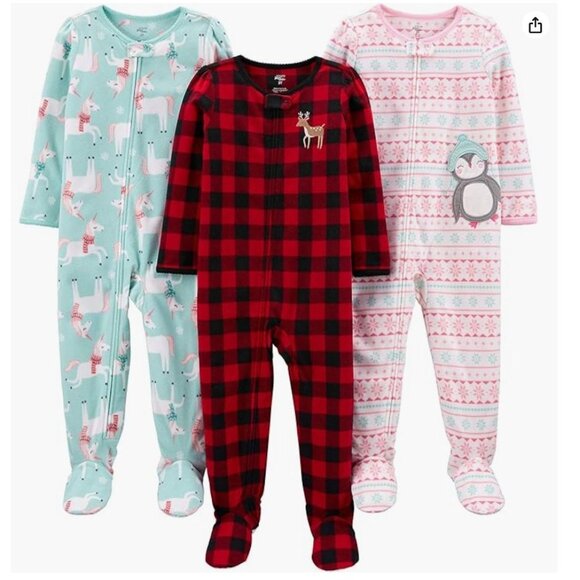 3-Piece Toddler Girls Winter Fleece Pajamas Set With Unicorn Penguin & Reindeer - Picture 1 of 4